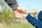 Stylish hands of a parent and child in the nature in a park background