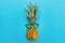 Stylish hipster pineapple in sunglasses on trendy blue paper bac