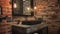 Stylish industrial bathroom design incorporating exposed brick, matte black fixtures, concrete sink, and Edison bulb