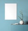 Stylish interior blue mock up. trendy colour template. vertical empty white frame. modern wall background. portfolio template. bus