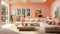 stylish interior of the fashionable Apricot Crush room is peach-orange. Design of a living room with a sofa, indoor