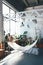 Stylish interior with houseplants and a hammock