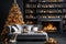 Stylish interior of living room with Blazing fireplace and decorated Christmas tree. Christmas and New Year celebration concept.