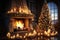 Stylish interior of living room with Blazing fireplace and decorated Christmas tree. Christmas and New Year celebration concept.