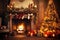 Stylish interior of living room with Blazing fireplace and decorated Christmas tree. Christmas and New Year celebration concept.