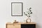 Stylish interior of living room with mock up poster frame, wooden commode, book, leaf in ceramic vase.