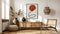 Stylish interior of living room with mock up poster frame, wooden commode, books, eucalyptus leaf in ceramic vase, and elegant