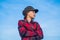 stylish kid wear trendy french cap on sky background. retro autumn fashion look.