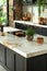 Stylish kitchen with marble countertop and greenery against stone wall.