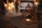 Stylish lantern with burning candle and Christmas decor on table indoors, space for text. Interior design