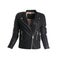 Stylish leather jacket on mannequin against white background. Women`s clothes