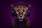 Stylish leopard in purple headphones. Fantasy fashion concept. Neural network AI generated