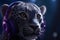 Stylish leopard in purple headphones. Fantasy fashion concept. Neural network AI generated