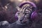 Stylish leopard in purple headphones. Fantasy fashion concept. Neural network AI generated