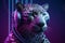 Stylish leopard in purple headphones. Fantasy fashion concept. Neural network AI generated
