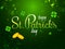 Stylish lettering of Happy St. Patrick`s Day with gold coins on green background.