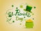 Stylish lettering of Happy St. Patrick`s Day with traditional coin pot and leprechaun hat