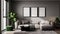 Stylish living room interior background with three poster frames, 3d rendering