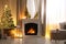 Stylish living room interior with beautiful fireplace, Christmas tree and other decorations