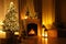 Stylish living room interior with beautiful fireplace, Christmas tree and other decorations at night