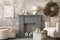 The stylish living room interior with grey fireplace, white armchair, concrete wall and dried flowers. Grey floor with beige