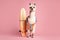 stylish llama with a surfboard on a pink background, Generative AI
