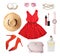 Stylish look. Collage with dress, shoes, accessories and cosmetics for woman on white background