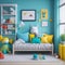 Stylish and Luxurious, Bright, Modern Children\\\'s Bedroom with Stuffed Animals, Wall Art and Toys on the Floor