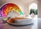 Stylish luxury bedroom in rainbow colors