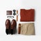 Stylish male autumn outfit and accessories on white background. Trendy warm clothes