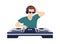 Stylish male DJ in headphones play electronic music on controller vector flat illustration. Fashionable musician in