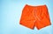 Stylish male swim trunks on color background, space for text. Beach object