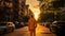 Stylish man in orange suit walking towards sunset on a busy city street. Generative AI