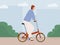 Stylish man riding street folding bicycle in city vector flat illustration. Trendy looking male in hat rides urban eco