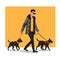 Stylish man walking two black dogs on leashes. Casual guy with sunglasses enjoys dog walking. Urban pet care and