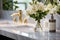 Stylish marble bathroom countertop design with sink, soap and fresh flowers