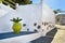 Stylish Mediterranean alleyway or street, classic whitewashed walls, stone pavement, decorative golden vase with palm