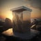 Stylish metal podium against a sunset at the beach rock garden AI generation
