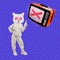 Stylish minimal collage scene. Funny Cat character hypnotizing tv. News, negative, misinformation concept