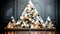 Stylish minimalist decorative wooden Christmas tree in the interior. Blue and Beige tones. The concept of a stylish new year and