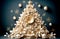 Stylish minimalist decorative wooden Christmas tree in the interior. Blue and Beige tones. The concept of a stylish new year and