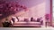 Stylish minimalist interior of modern cozy living room in pastel pink and lilac tones. Comfortable trendy couch, coffee