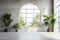 Stylish minimalist living room interior. Oval window. Modernist huge concrete interior. Generative AI