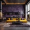 Stylish minimalist living room interior. A yellow sofa in a modernist concrete interior. Generative AI