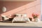 Stylish minimalist peach fuzz bedroom with bed, interior design with natural daylight illumination