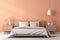 Stylish minimalist peach fuzz bedroom with bed, interior design with natural daylight illumination