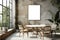 Stylish Modern Dining Room interior design mockup with White Marble Table and Rattan Chairs in Sunlit Urban Loft