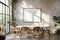 Stylish Modern Dining Room interior design mockup with White Marble Table and Rattan Chairs in Sunlit Urban Loft