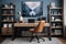 Stylish modern home office interior design, blue colour office workspace. generative ai