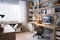 Stylish modern home office interior design, blue colour office workspace. generative ai